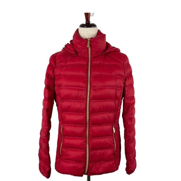 Michael Michael Kors Red Packable Down Fill Nylon Puffer Coat Jacket Size Medium - Picture 1 of 12